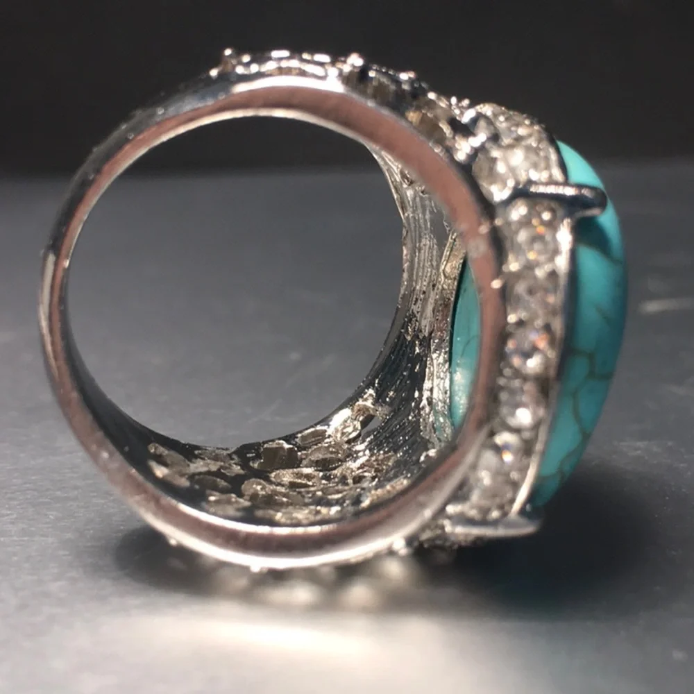 BLING RING-Turquoise/rhinestone/silver tone filagree, prong set, size 8 NWOT - Picture 11 of 12
